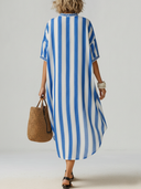 Women's Casual Vintage-Style Embroidered Cotton-Linen Vertical-Stripe V-Neck Short-Sleeve Loose Mini Dress ZMZ1681F7ZYY