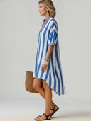 Women's Casual Vintage-Style Embroidered Cotton-Linen Vertical-Stripe V-Neck Short-Sleeve Loose Mini Dress ZMZ1681F7ZYY
