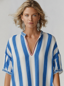 Women's Casual Vintage-Style Embroidered Cotton-Linen Vertical-Stripe V-Neck Short-Sleeve Loose Mini Dress ZMZ1681F7ZYY