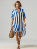 Women's Casual Vintage-Style Embroidered Cotton-Linen Vertical-Stripe V-Neck Short-Sleeve Loose Mini Dress ZMZ1681F7ZYY
