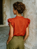 Women's Solid Color Casual Cotton Linen Stand Collar Short-sleeved Shirt ZMZ1649F0XT