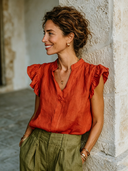 Women's Solid Color Casual Cotton Linen Stand Collar Short-sleeved Shirt ZMZ1649F0XT