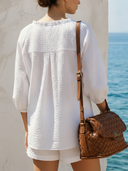 Women White Bubble Crinkle Textured Two Piece Outfit Ruffle Neck 3/4 Puff Sleeve Blouse & Shorts Matching Set, Summer Beach Casual Co Ord Set ZMZ1692F1YZH