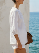 Women White Bubble Crinkle Textured Two Piece Outfit Ruffle Neck 3/4 Puff Sleeve Blouse & Shorts Matching Set, Summer Beach Casual Co Ord Set ZMZ1692F1YZH