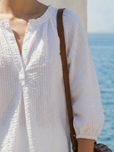 Women White Bubble Crinkle Textured Two Piece Outfit Ruffle Neck 3/4 Puff Sleeve Blouse & Shorts Matching Set, Summer Beach Casual Co Ord Set ZMZ1692F1YZH
