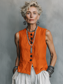 Women's Casual Vintage Cotton-Linen Single-Breasted Vest ZMZ1658F0ZYY