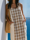 Women Cotton Linen Plaid Patchwork Sleeveless Tank Midi Dress, Casual Color Block Loose Shift Dress With Pockets For Summer Beach Vacation ZMZ1624F4YZH