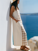 Women Cotton Linen Plaid Patchwork Sleeveless Tank Midi Dress, Casual Color Block Loose Shift Dress With Pockets For Summer Beach Vacation ZMZ1624F4YZH