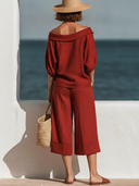 Women Premium Cotton Linen Matching Set Off Shoulder Puff Sleeve Crop Top High Waist Wide Leg Cropped Pants, Summer Beach Vacation Two Piece Outfits ZMZ1604F2YZH