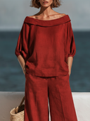 Women Premium Cotton Linen Matching Set Off Shoulder Puff Sleeve Crop Top High Waist Wide Leg Cropped Pants, Summer Beach Vacation Two Piece Outfits ZMZ1604F2YZH