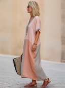 Women's Casual Color-Block Cotton-Linen V-Neck Loose Maxi Dress ZMZ1650F1SWL