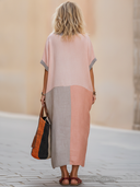 Women's Casual Color-Block Cotton-Linen V-Neck Loose Maxi Dress ZMZ1650F1SWL