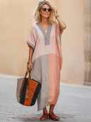 Women's Casual Color-Block Cotton-Linen V-Neck Loose Maxi Dress ZMZ1650F1SWL