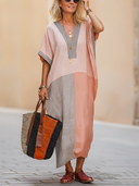 Women's Casual Color-Block Cotton-Linen V-Neck Loose Maxi Dress ZMZ1650F1SWL