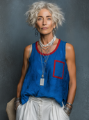 Women's Casual Retro Color-Block Cotton-Linen Crew Neck Tank Top ZMZ1604F0ZYY