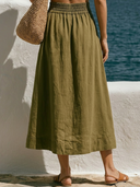 Women Premium Linen Midi Skirt Elastic High Waist A Line Skirt With Daisy Embroidery Pockets, Casual Solid Flowy Summer Vacation Skirt ZMZ1615F4YZH