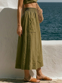 Women Premium Linen Midi Skirt Elastic High Waist A Line Skirt With Daisy Embroidery Pockets, Casual Solid Flowy Summer Vacation Skirt ZMZ1615F4YZH