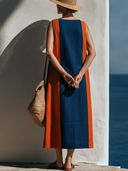 Women Cotton Linen Color Block Sleeveless Midi Dress Split Front Loose Shift Dress With Pockets, Summer Beach Vacation Contrast Stripes Dress ZMZ1680F7YZH