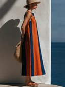 Women Cotton Linen Color Block Sleeveless Midi Dress Split Front Loose Shift Dress With Pockets, Summer Beach Vacation Contrast Stripes Dress ZMZ1680F7YZH