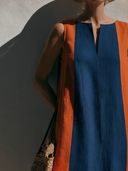 Women Cotton Linen Color Block Sleeveless Midi Dress Split Front Loose Shift Dress With Pockets, Summer Beach Vacation Contrast Stripes Dress ZMZ1680F7YZH