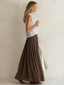 Women's Stylish Sleeveless Striped Top And Brown Pleated Chiffon Skirt Set ZMZ1661F0SWL