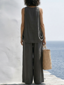 Women Premium Cotton Linen Two Piece Outfits Cowl Neck Sleeveless Tank Top High Waist Wide Leg Pants Matching Set, Summer Minimalist Beach Co Ord Set ZMZ1642F3YZH