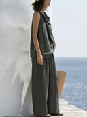 Women Premium Cotton Linen Two Piece Outfits Cowl Neck Sleeveless Tank Top High Waist Wide Leg Pants Matching Set, Summer Minimalist Beach Co Ord Set ZMZ1642F3YZH