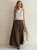 Women's Stylish Sleeveless Striped Top And Brown Pleated Chiffon Skirt Set ZMZ1661F0SWL