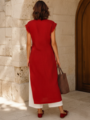 Women's Classic Cotton-Linen Wrap Midi Tunic Top & White Pants Set ZMZ1649F0SWL