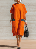 Women's Premium Vintage Round Neck And Short Sleeves  Cotton-Linen Loose-Fit Midi Dress ZMZ1768F2ZYY