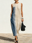 Women's Premium Vintage Round Neck And Loose Fit Cotton-Linen Patchwork Sleeveless Midi Dress ZMZ1742F2ZYY