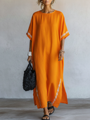 Women's Premium Vintage Round Neck And Short Sleeves Cotton-Linen Loose-Fit Embroidered Maxi Dress ZMZ1724F4ZYY