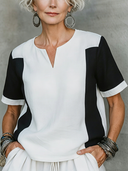 Women's Premium Minimalist Black & White Color-Block Cotton-Linen Crew-Neck Short-Sleeve T-Shirt ZMZ1746F4ZYY