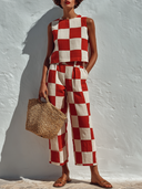 Women's Checkerboard Print Top And Trousers Two-Piece Set ZMZ1765F9XT