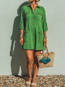 Women's Premium Vintage Shirt Collar, Multiple Pockets, And Loose Fit Cotton-Linen Short-Sleeve Mini Dress ZMZ1786F5ZYY
