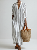 Women's Casual Resort-Style Three-Quarter Sleeves Cotton-Linen Vertical-Stripe V-Neck Loose Midi Dress ZMZ1706F9ZYY