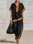 Women's Casual Resort-Style Cotton-Linen Patchwork Short-Sleeve Mandarin Collar Top And Pants Set ZMZ1706F8ZYY