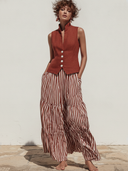 Women's Premium Vintage Cotton-Linen Single-Breasted Vest And Vertical-Stripe Skirt Set ZMZ1772F6ZYY