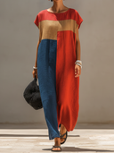 Women's Casual Vacation-Style Color-Block Panels, Short Sleeves, And Round Neck Loose Cotton-Linen Maxi Dress ZMZ1737F0ZYY