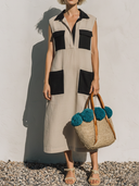 Women's Casual Resort-Style Shirt Collar And Cotton-Linen Panel Detail (Loose Fit) Sleeveless Midi Dress ZMZ1773F6ZYY