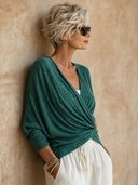 Women's Solid Color V-neck Crossover Design Long-sleeved T-shirt ZMZ1694F0XT