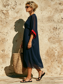 Women's Chiffon Stand-collar Color-blocked Short-sleeved Midi Dress ZMZ1623F6XT