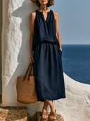 Women Premium Cotton Linen Sleeveless Halter Midi Dress Elastic Waist Loose Shift Dress With Pockets, Solid Summer Beach Vacation Casual Dress ZMZ1815F6YZH