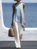 Women Premium Cotton Linen Two Piece Matching Set Halter Neck Irregular Hem Sleeveless Top High Waist White Wide Leg Pants, Summer Beach Vacation Co-ord Outfits ZMZ1844F6YZH