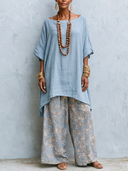 Women Two Piece Outfits Solid Cotton Boat Neck Batwing Sleeve Tunic Top & Cotton Like Floral Print High Waist Wide Leg Pants Matching Set, Summer Casual Boho Co Ord Set ZMZ1844F5YZH