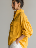 Women's Casual Vintage Mandarin Collar, Lantern Sleeves, And Multiple Pockets Cotton-Linen Shirt ZMZ1622F1ZYY