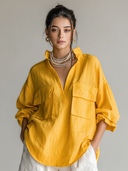Women's Casual Vintage Mandarin Collar, Lantern Sleeves, And Multiple Pockets Cotton-Linen Shirt ZMZ1622F1ZYY