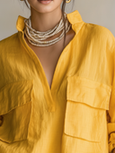 Women's Casual Vintage Mandarin Collar, Lantern Sleeves, And Multiple Pockets Cotton-Linen Shirt ZMZ1622F1ZYY