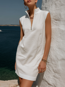Women Striped Knit Sleeveless Mini Dress Half Zip Stand Collar Loose Shift Dress With Pockets, Summer Casual Sporty Vacation Knit Dress ZMZ1815F7YZH