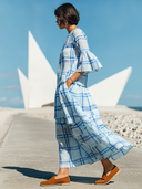 Women's Casual Resort-Style Plaid Cotton-Linen Set: Round-Neck Flared-Sleeve Top And Skirt ZMZ1620F0ZYY